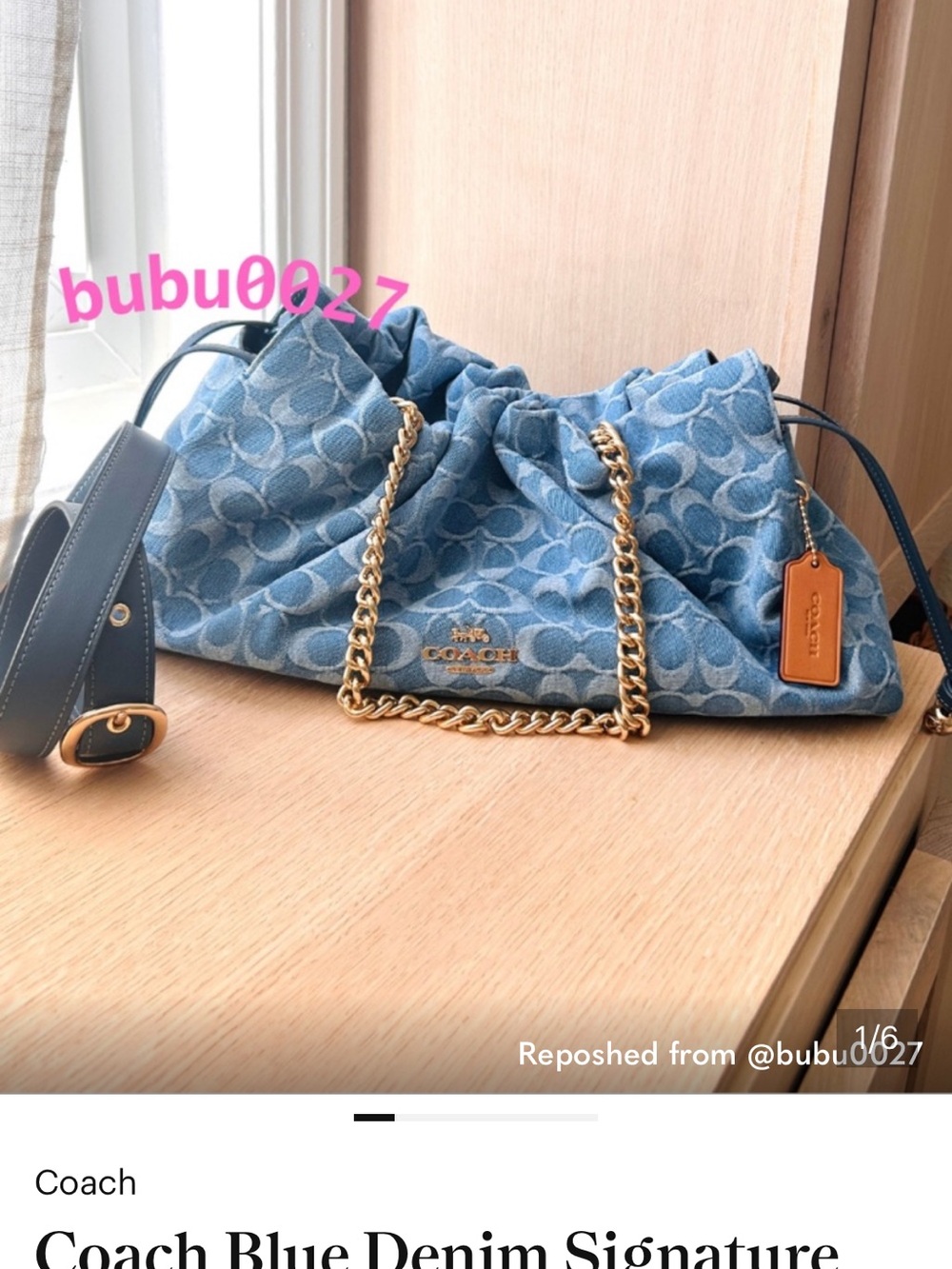 Coach Denim Signature Drawstring Shoulder Bag with Gold Chain